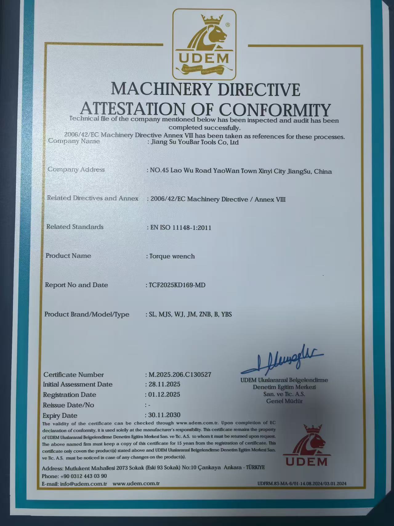 WINCHI CE machinery directive attestation of conformity